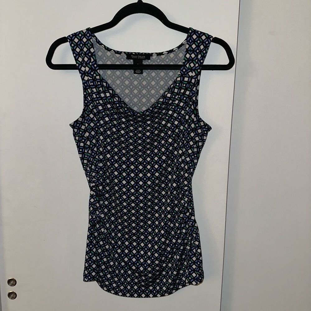 WHBM Women’s Tank Top Blouse Black Green Blue White Pattern Small EUC